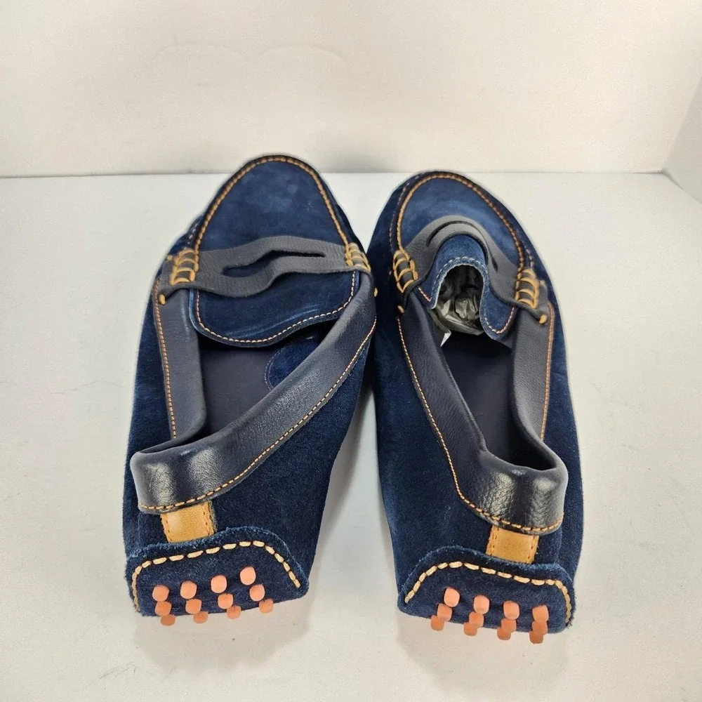 Cole Haan Men's 10M Navy Blue Suede Penny Loafers Moc Toe Contrast Stitch Slip O